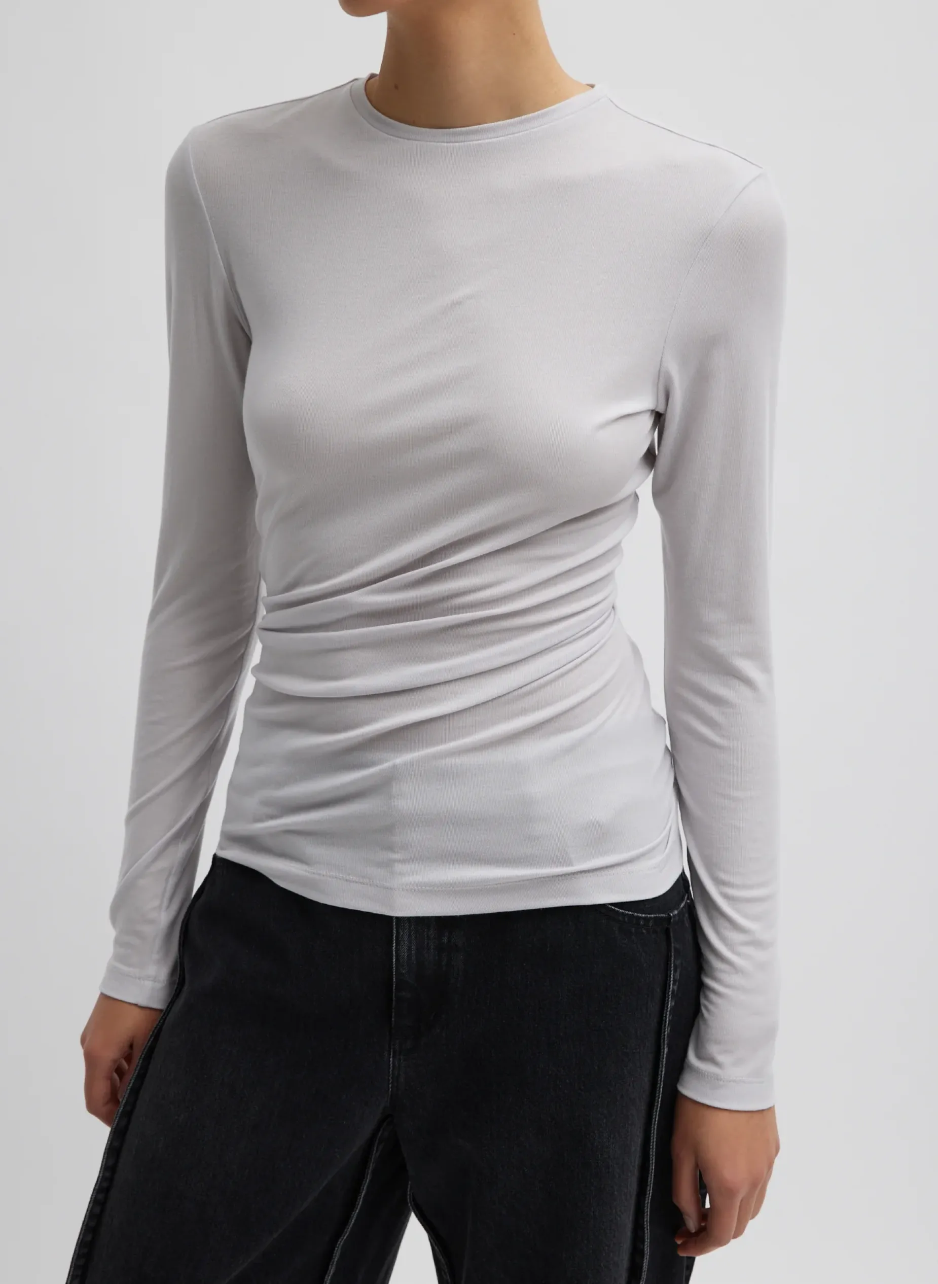 Tops>Tibi Tencel Knit Twisted Seam Long Sleeve T-Shirt Pearl Grey