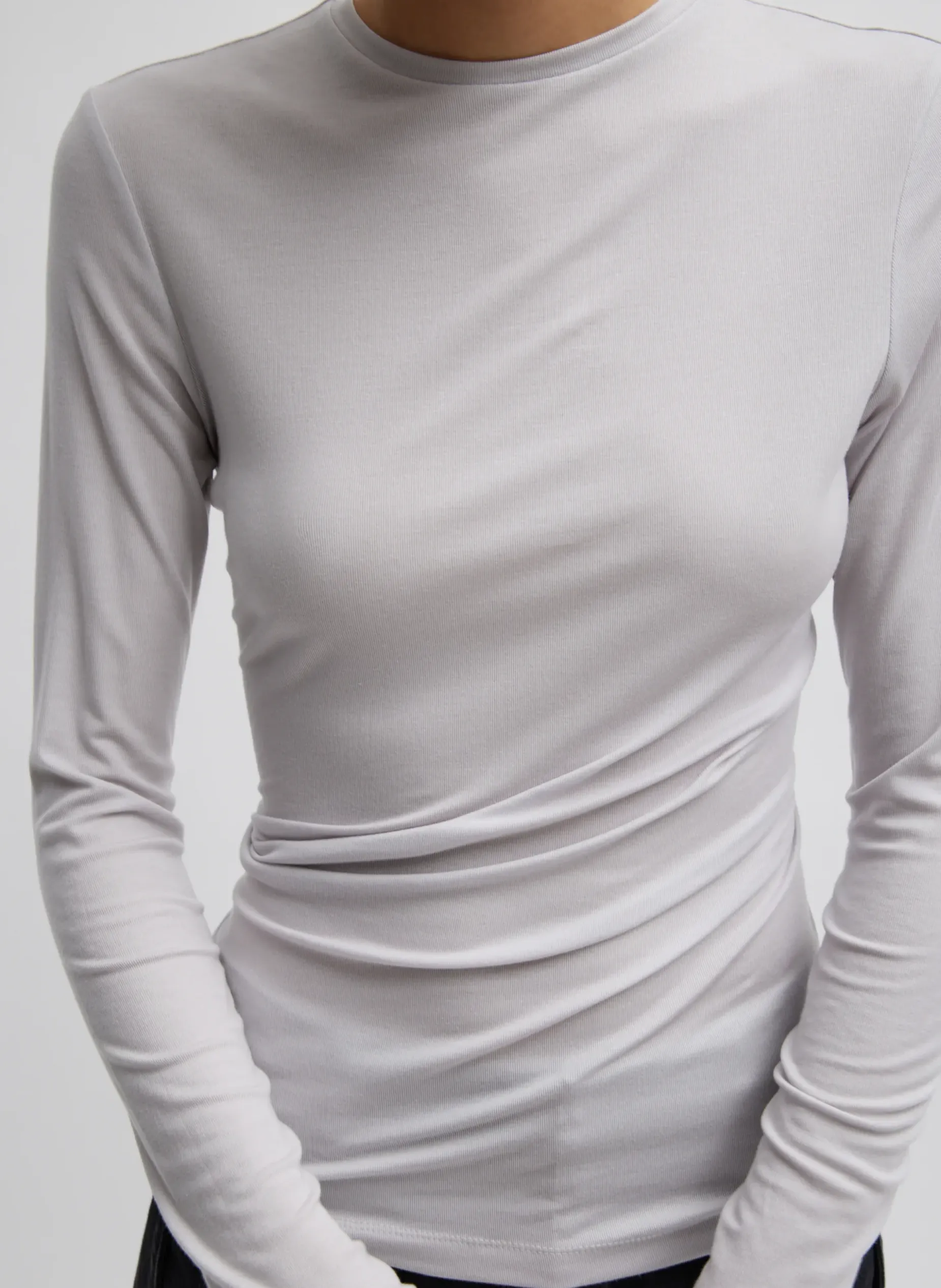 Tops>Tibi Tencel Knit Twisted Seam Long Sleeve T-Shirt Pearl Grey