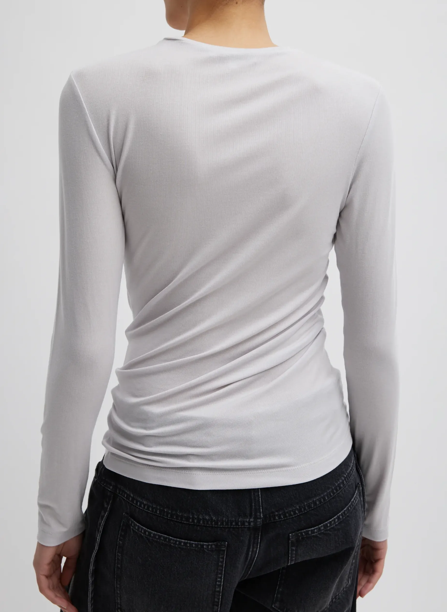 Tops>Tibi Tencel Knit Twisted Seam Long Sleeve T-Shirt Pearl Grey