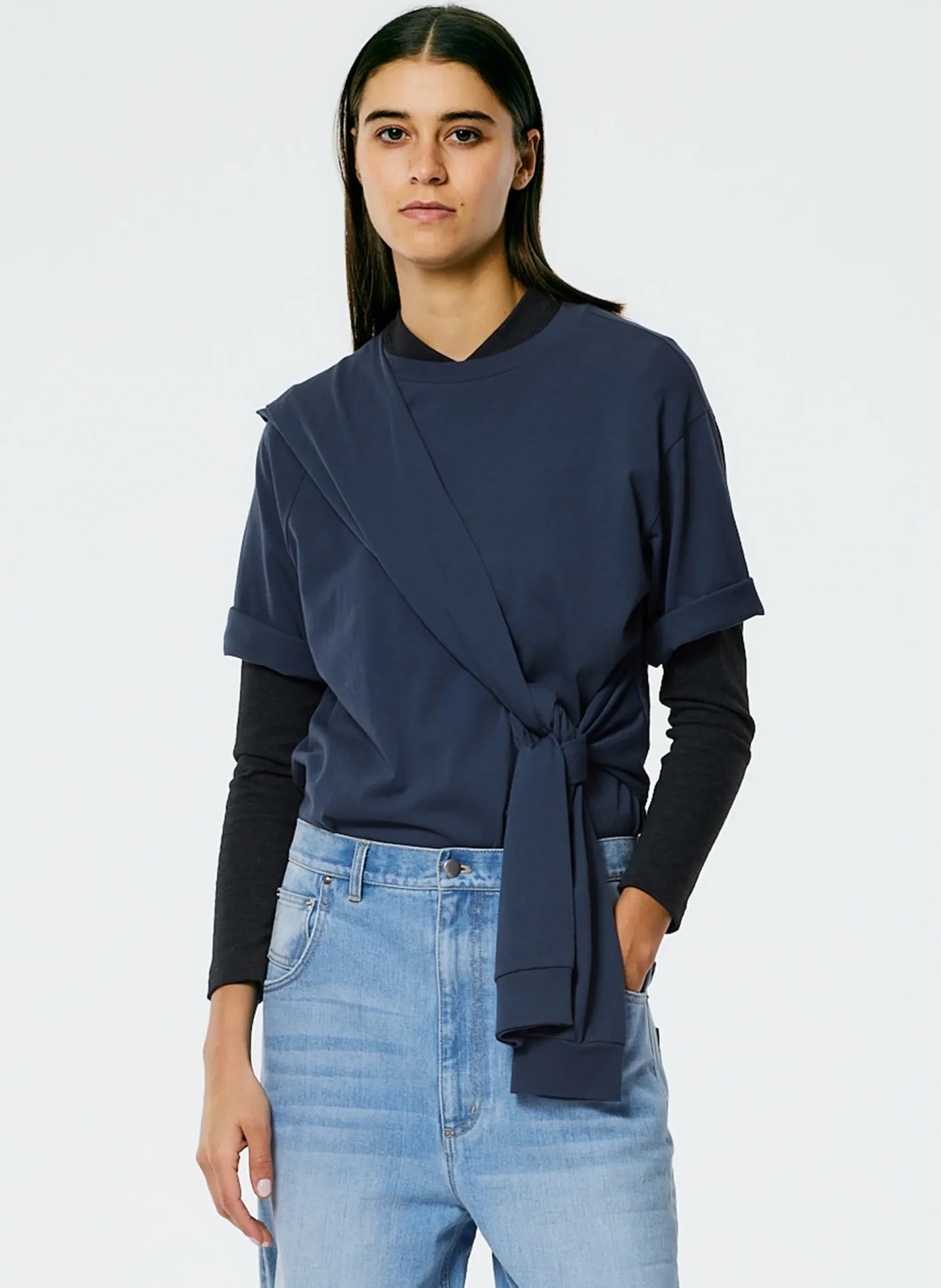 Knitwear & Sweatshirts|Tops>Tibi Tie T-Shirt Navy Fog