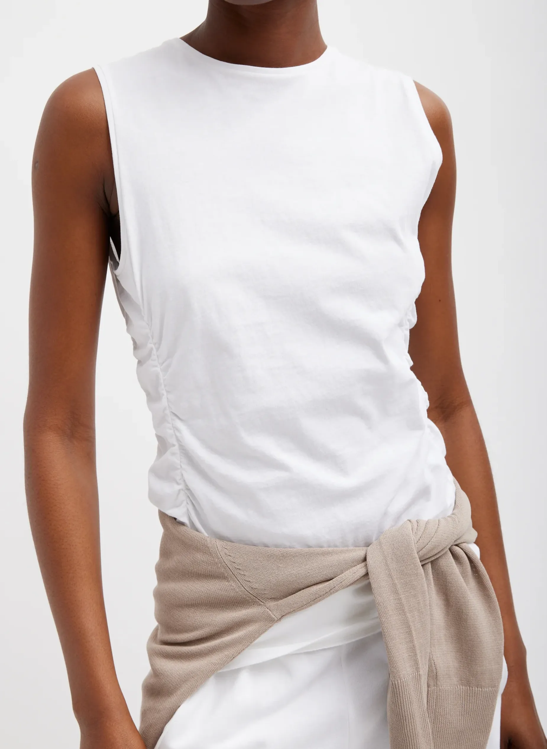 Tops|Curated Closets>Tibi T-Shirting Shirred Crewneck Top White