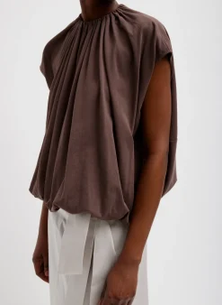 Tops>Tibi T-Shirting Shirred Neck Circular Top Cacao