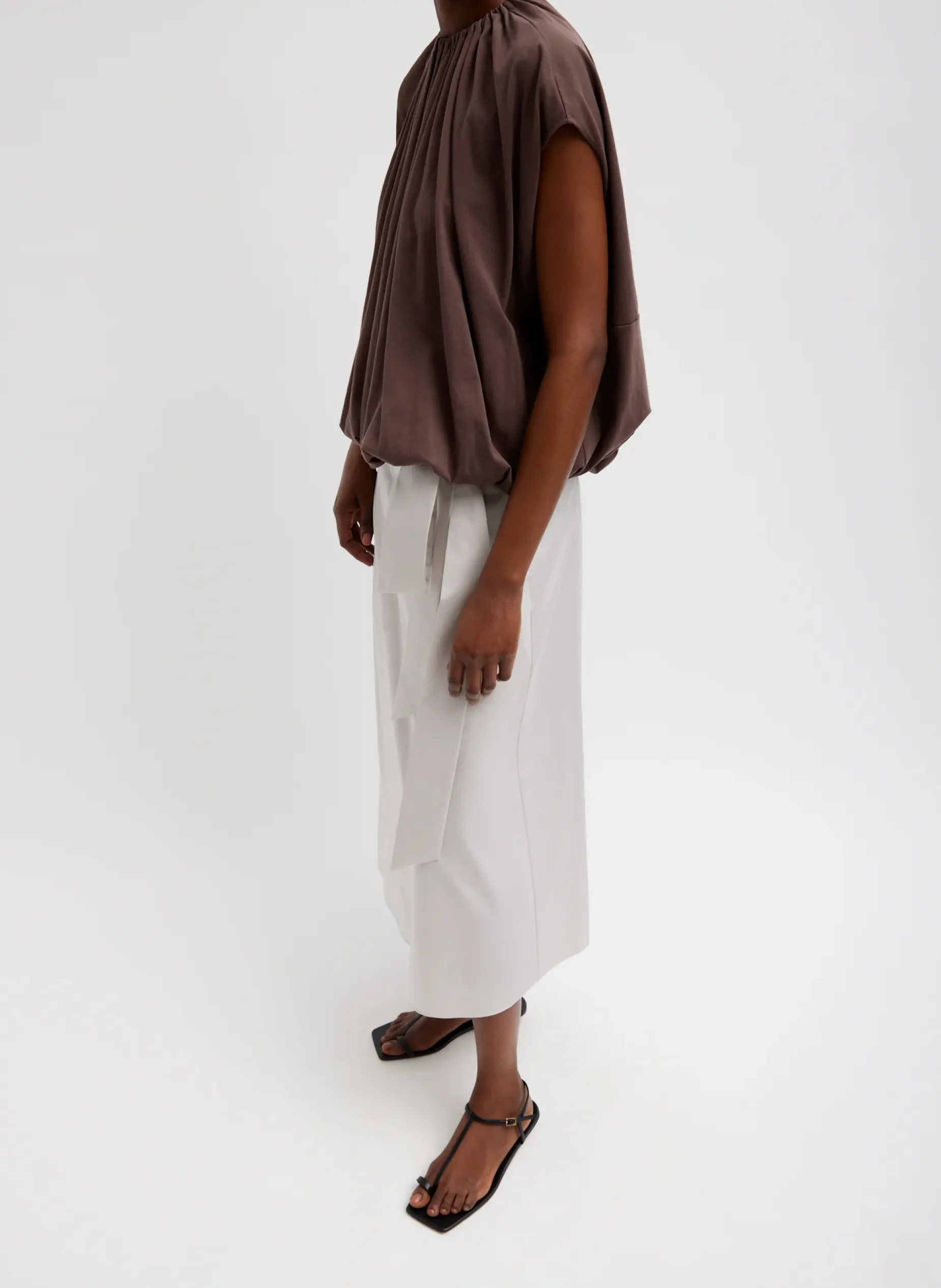 Tops>Tibi T-Shirting Shirred Neck Circular Top Cacao